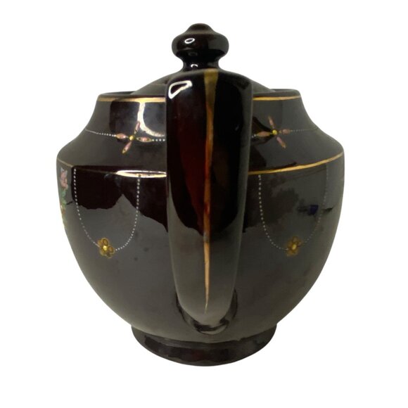 Vintage 1940's Glossy Brown Ceramic Teapot Moriage Painted Flower Made in Japan - Picture 2 of 10